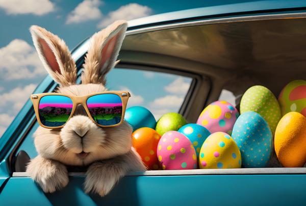 Cute Easter Bunny with sunglasses looking out of a car filed wit