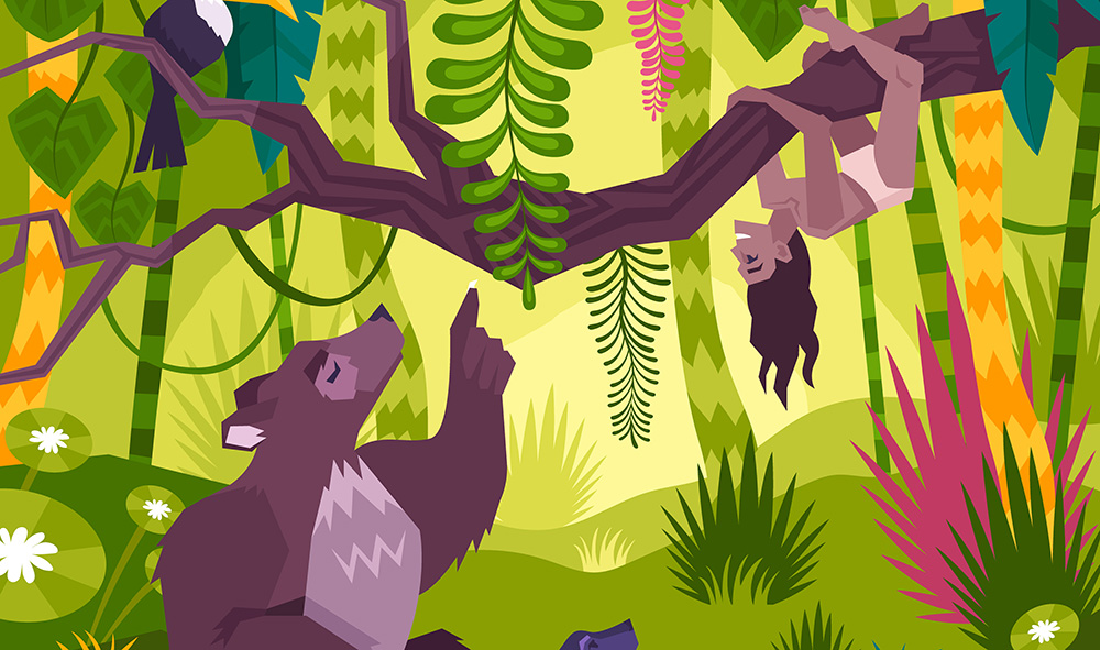 Mowgli landscape background with bear toucan and   panthera vector illustration
